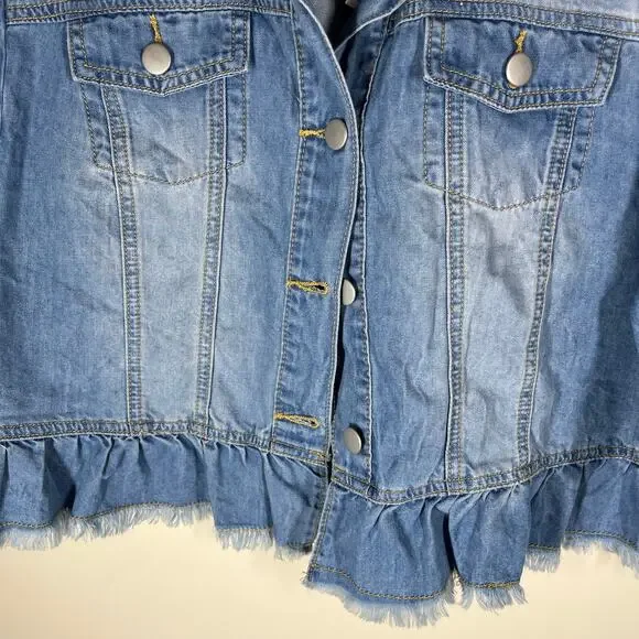 Allegra K Jacket Womens Large Top Layer Lt Wt Denim Cropped Ruffled Jean Frayed - Picture 6 of 12